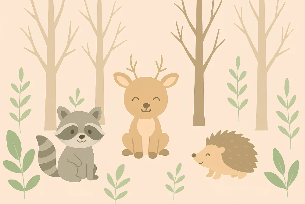 Kinderzimmer Tapete | Niedliche Tiere im Wald