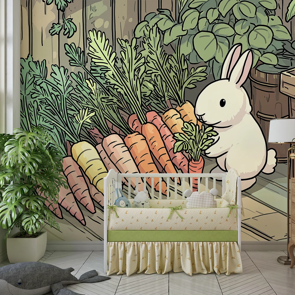 Kinderzimmer Tapete | Niedliches Kaninchen und bunte Karotten