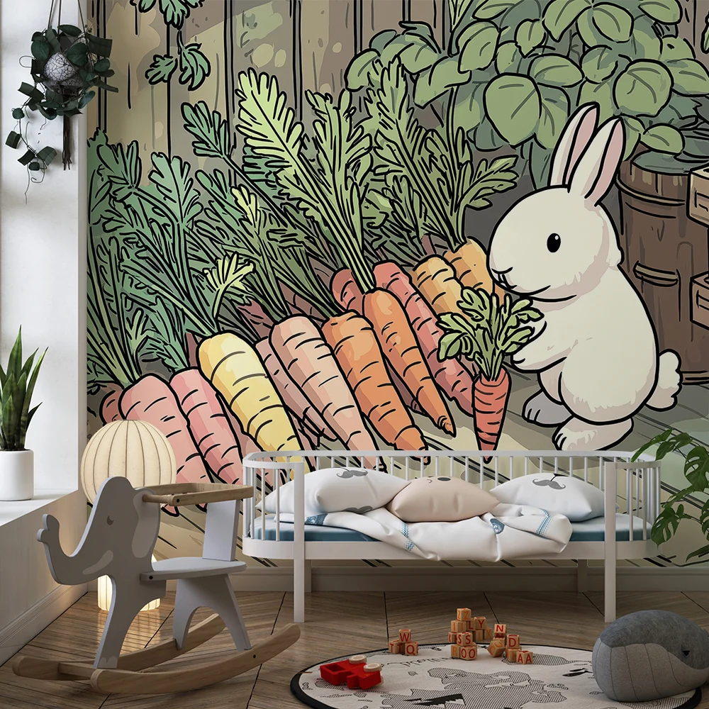Kinderzimmer Tapete | Niedliches Kaninchen und bunte Karotten