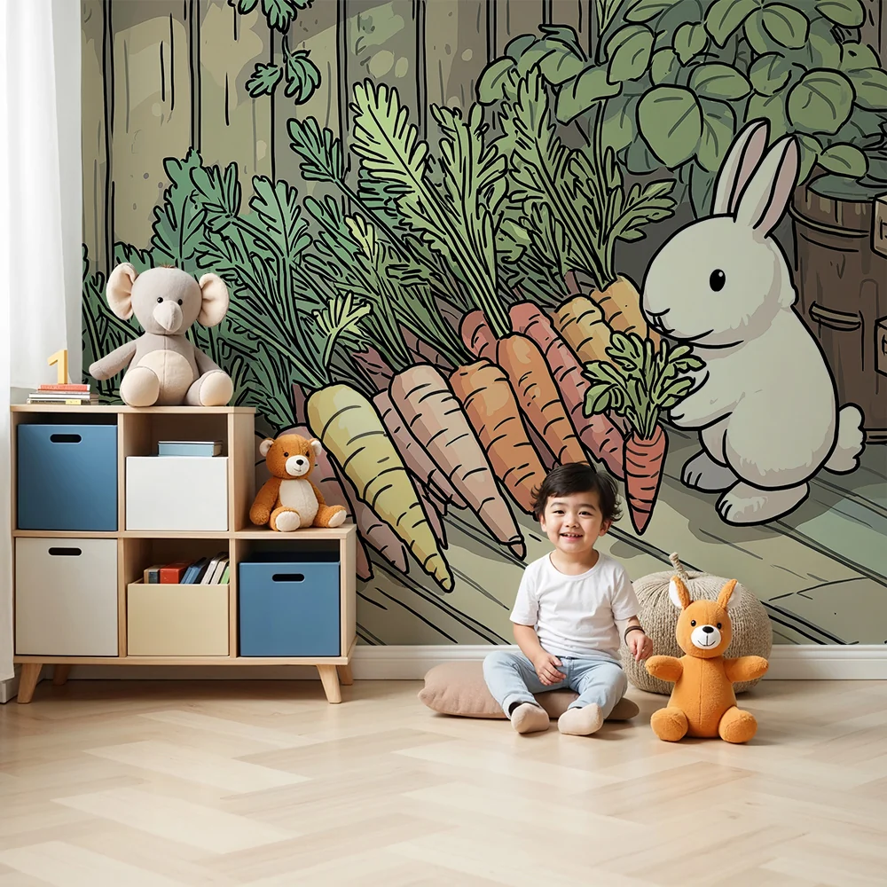 Kinderzimmer Tapete | Niedliches Kaninchen und bunte Karotten