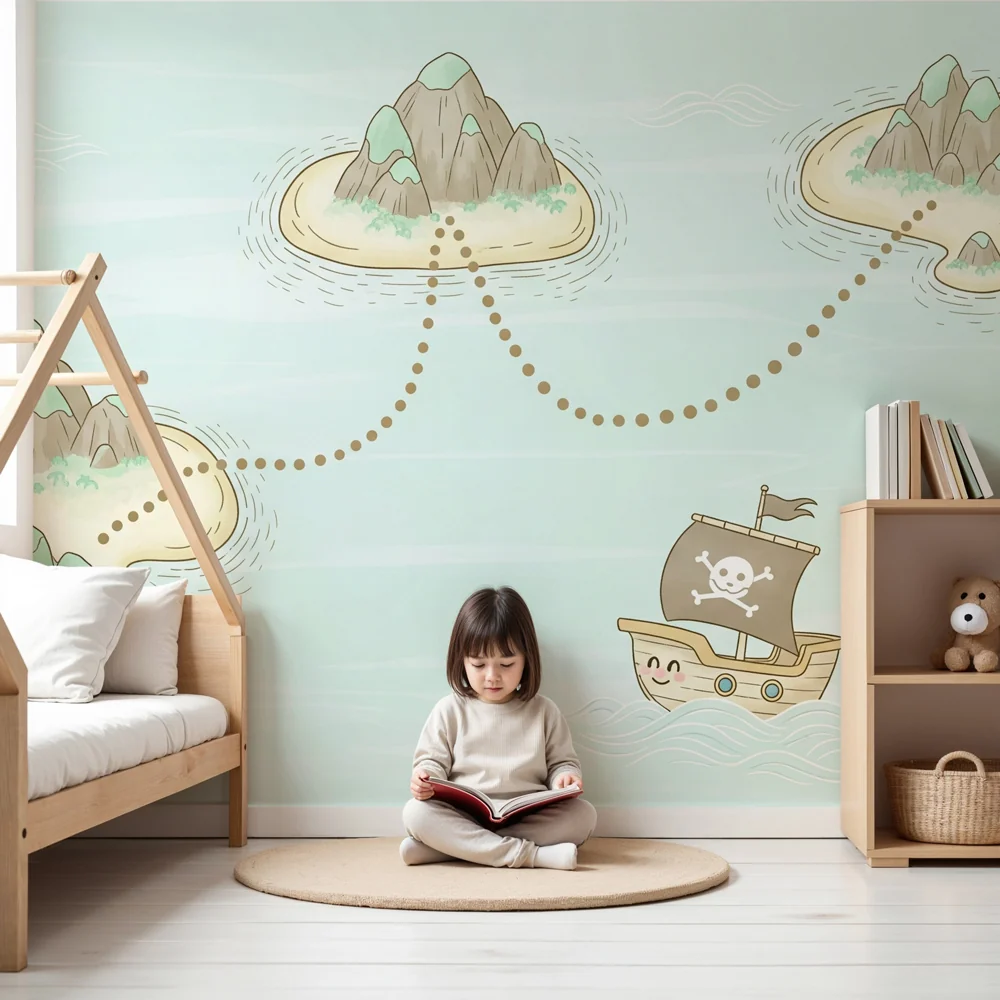 Kinderzimmer Tapete | Schatzkarte mit Piratenschiff