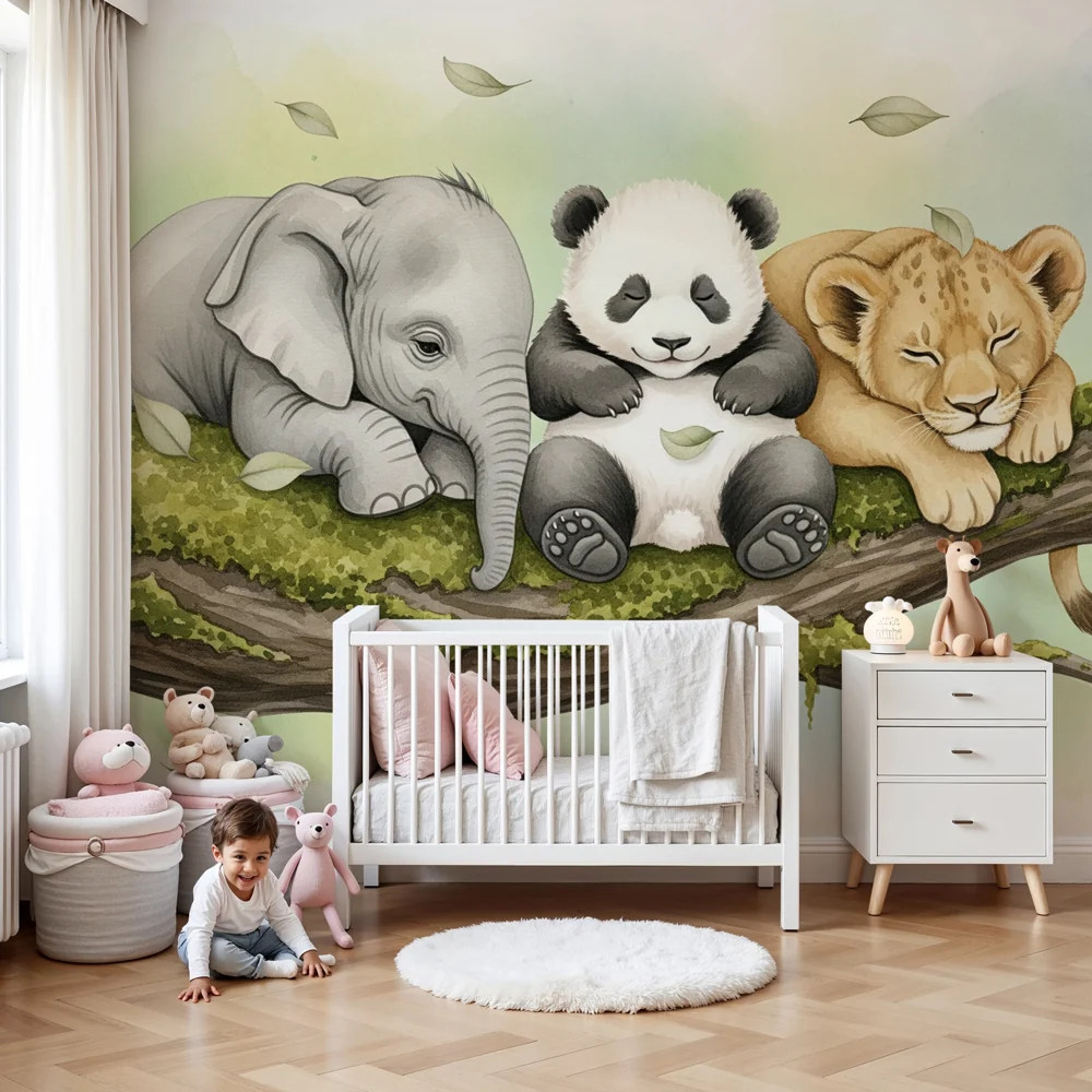 Kinderzimmer Tapete | Schlafende Tiere auf einem Ast