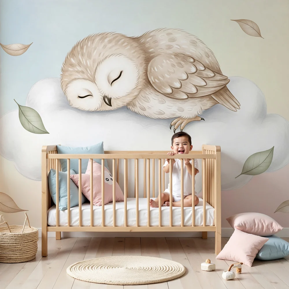 Kinderzimmer Tapete | Schlafender Eule auf einer Wolke