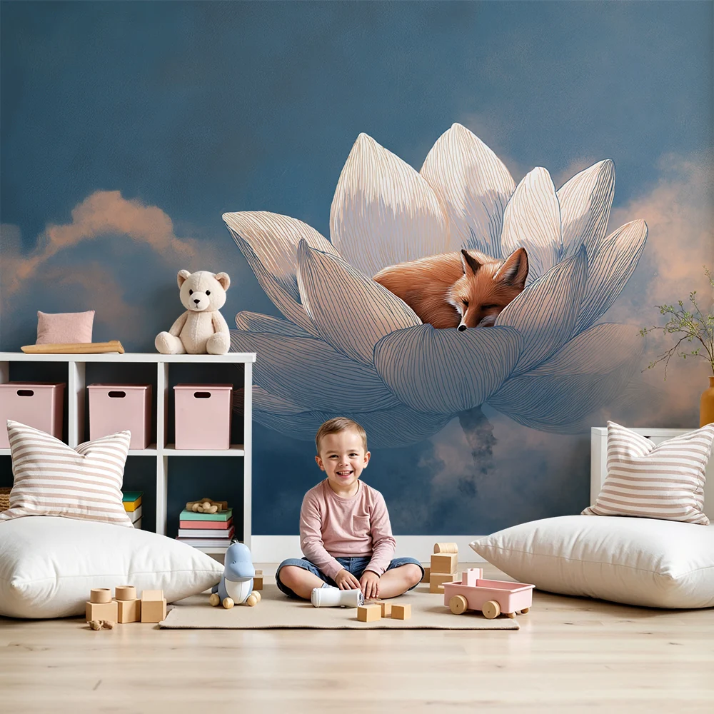 Kinderzimmer Tapete | Schlafender Fuchs einer Lotusblume unter einem sternenklaren Himmel
