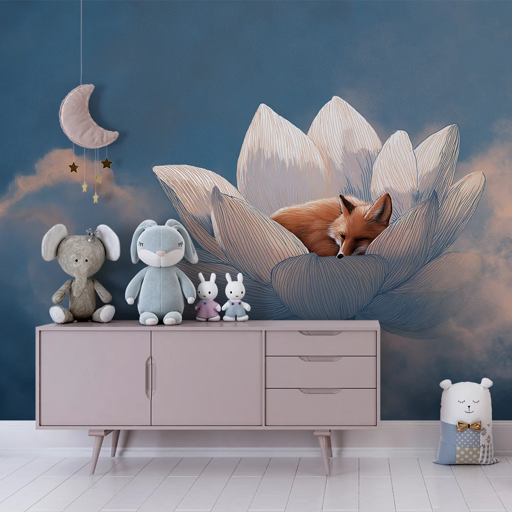 Kinderzimmer Tapete | Schlafender Fuchs einer Lotusblume unter einem sternenklaren Himmel