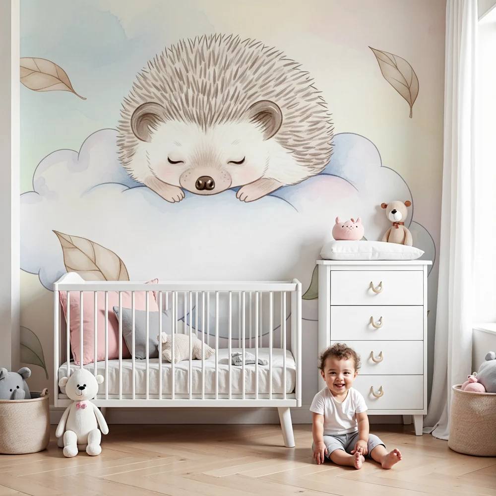 Kinderzimmer Tapete | Schlafender Igel auf einer Wolke
