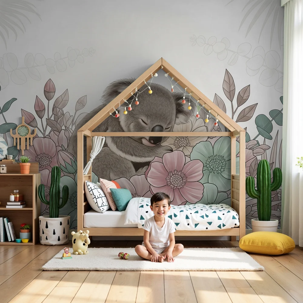 Kinderzimmer Tapete | Schlafender Koala zwischen Blumen