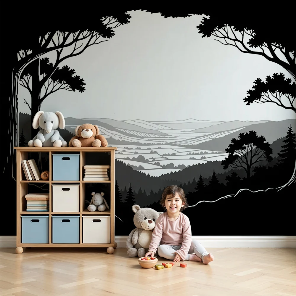 Kinderzimmer Tapete | Schwarz-weißes Bergpanorama mit majestätischen Bäumen