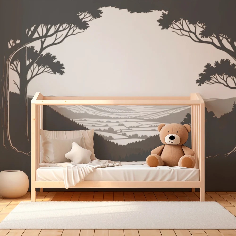 Kinderzimmer Tapete | Schwarz-weißes Bergpanorama mit majestätischen Bäumen