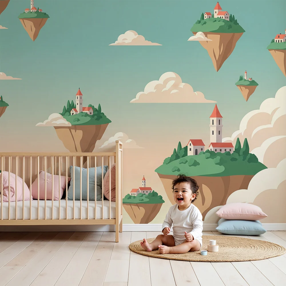 Kinderzimmer Tapete | Schwimmende Dörfer auf schwebenden Inseln den Wolken