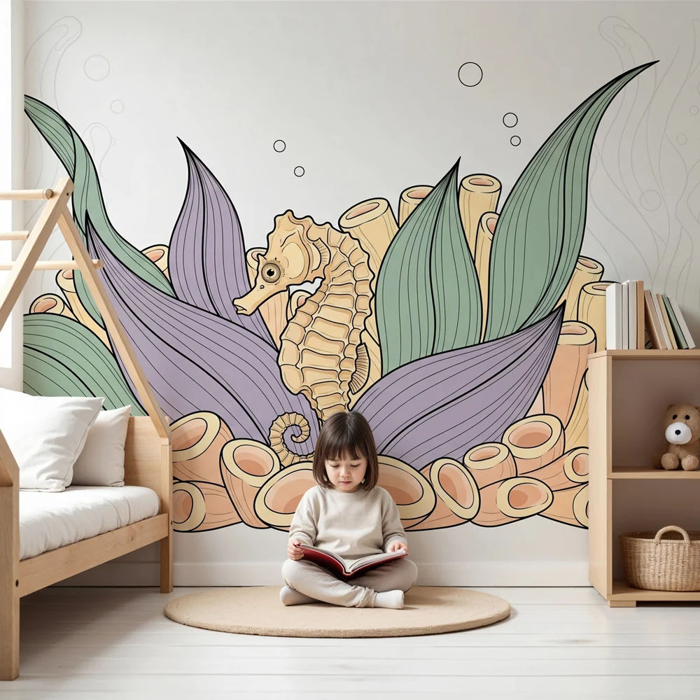 Kinderzimmer Tapete | Seepferdchen und Unterwasserkorallen