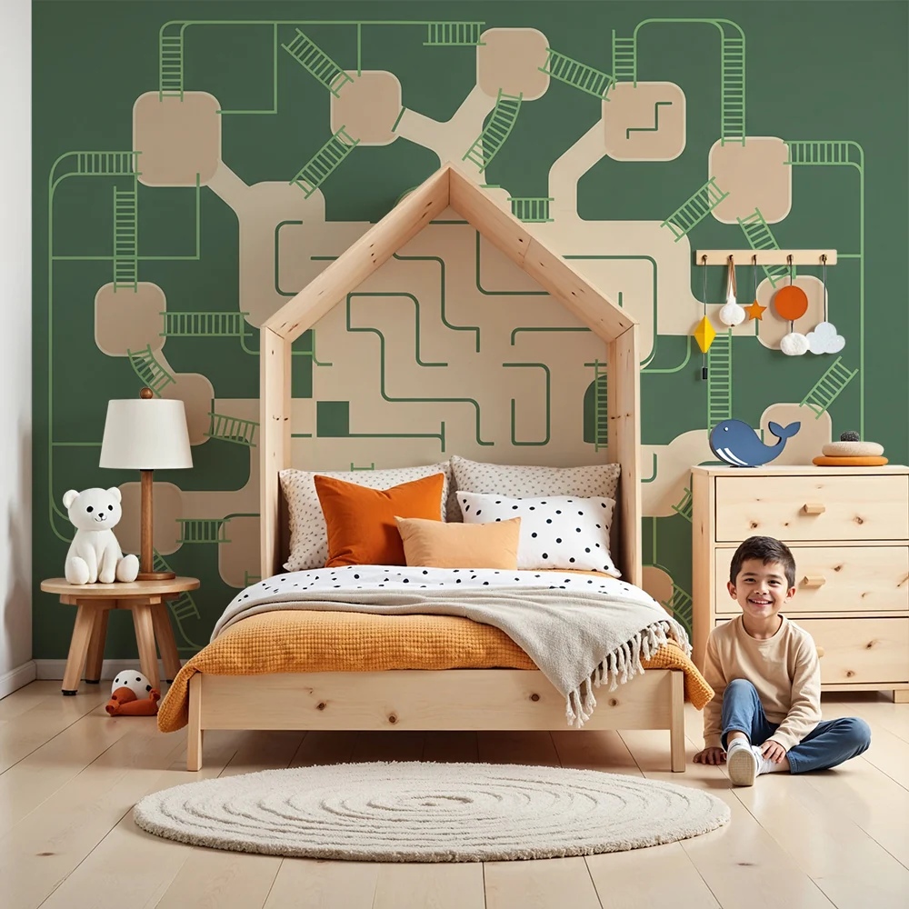Kinderzimmer Tapete | Spielender Baum mit Leitern und kurvenreichen Wegen