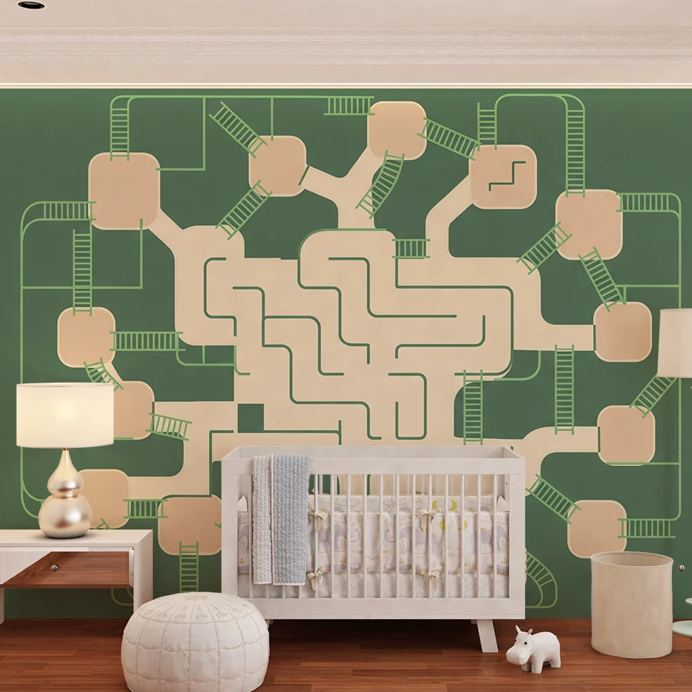 Kinderzimmer Tapete | Spielender Baum mit Leitern und kurvenreichen Wegen