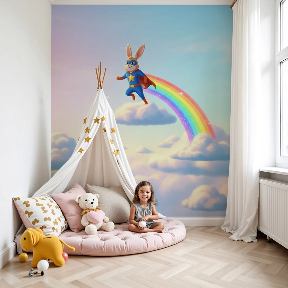 Kinderzimmer Tapete | Superheld Hase auf einem Regenbogen einem Pastellhimmel