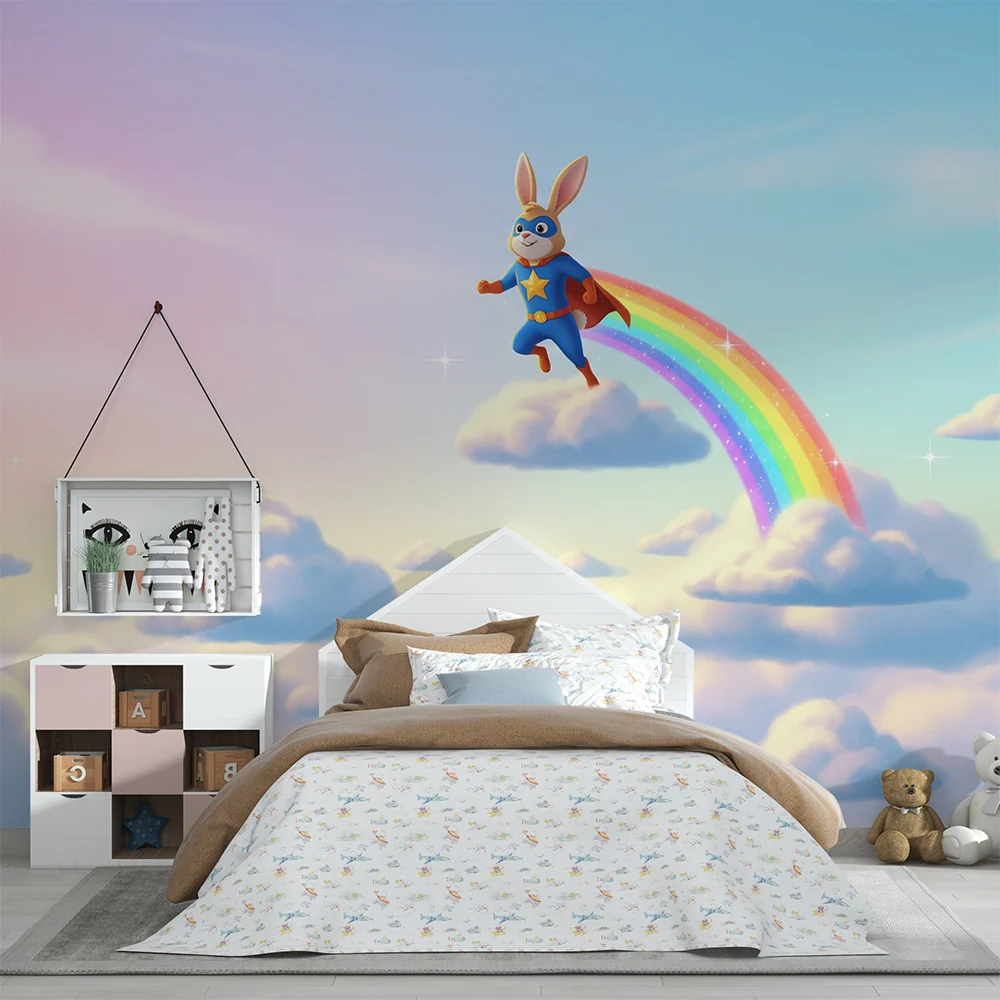 Kinderzimmer Tapete | Superheld Hase auf einem Regenbogen einem Pastellhimmel