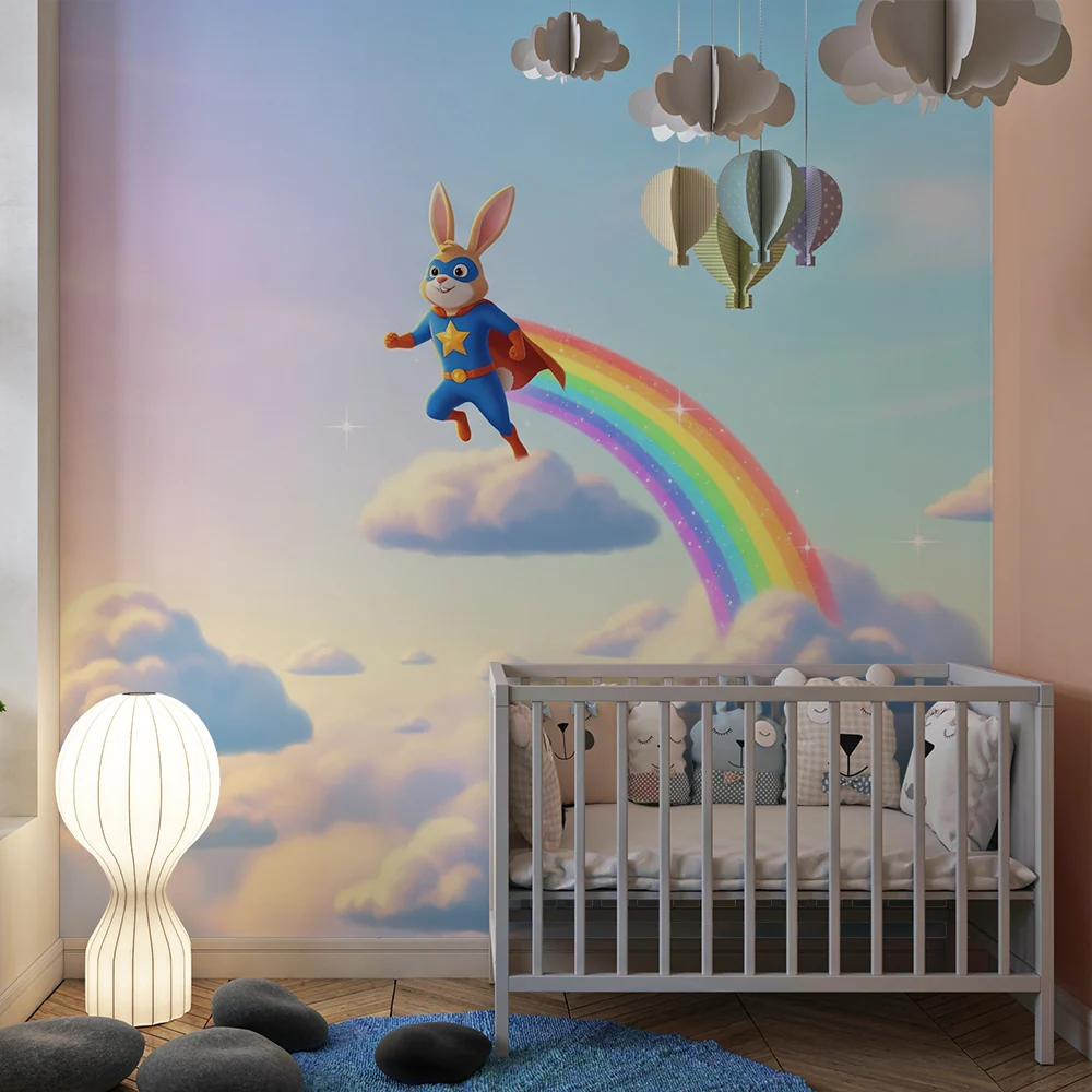 Kinderzimmer Tapete | Superheld Hase auf einem Regenbogen einem Pastellhimmel
