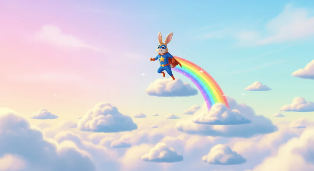 Kinderzimmer Tapete | Superheld Hase auf einem Regenbogen einem Pastellhimmel