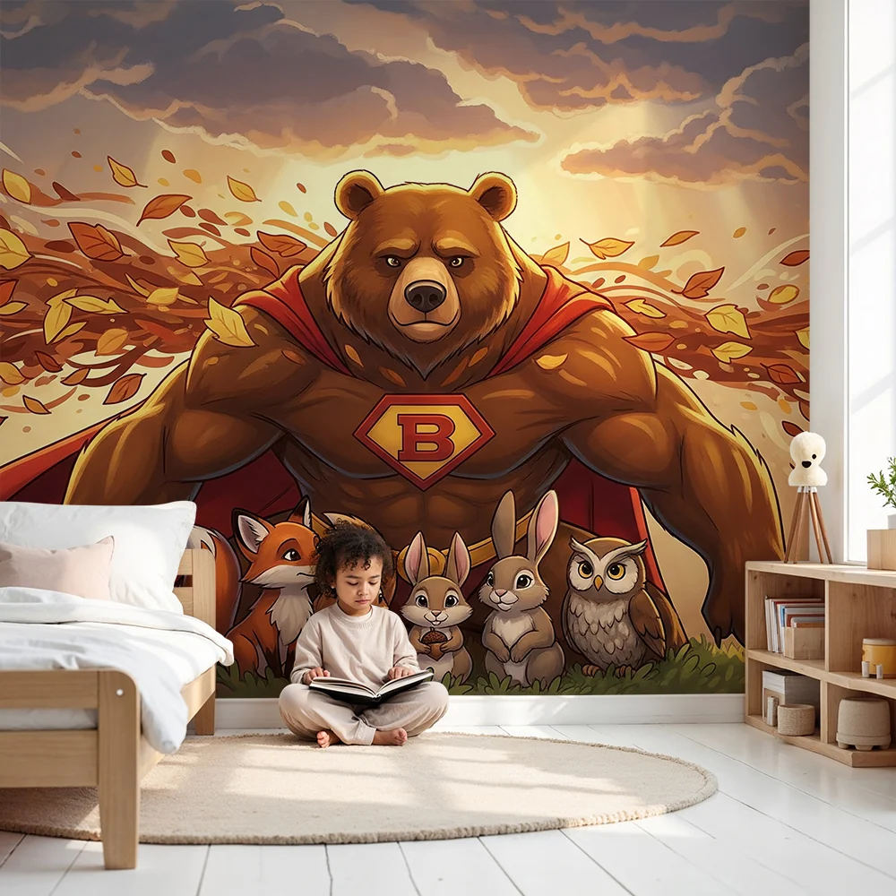 Kinderzimmer Tapete | Superheldenbär und seine Tierfreunde einer herbstlichen Szene