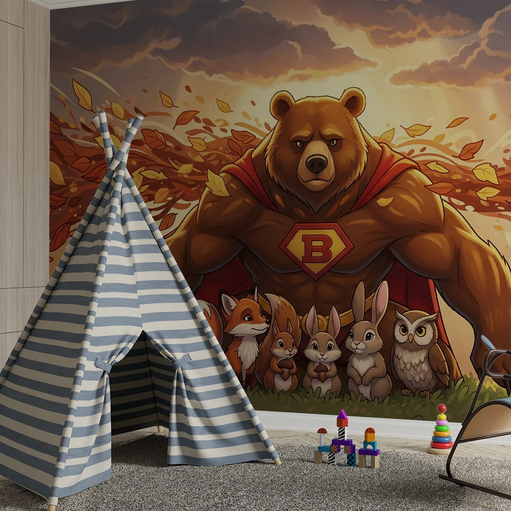 Kinderzimmer Tapete | Superheldenbär und seine Tierfreunde einer herbstlichen Szene