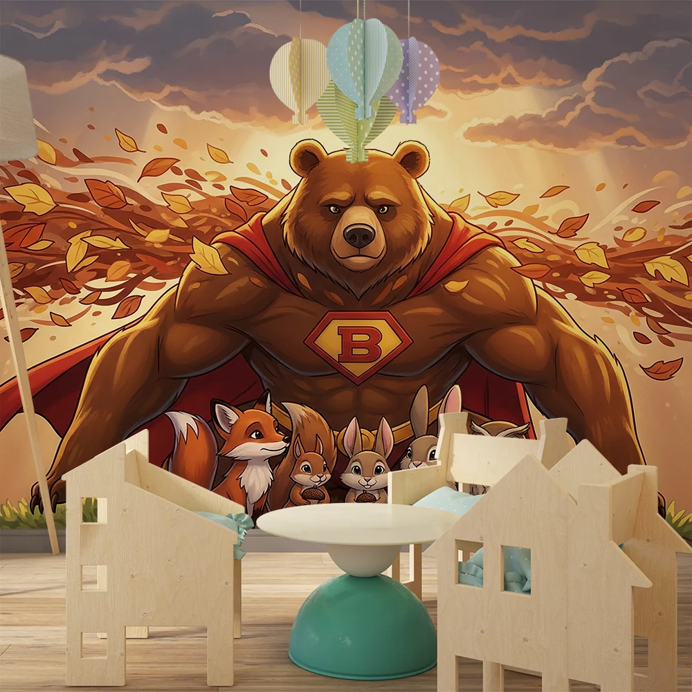 Kinderzimmer Tapete | Superheldenbär und seine Tierfreunde einer herbstlichen Szene