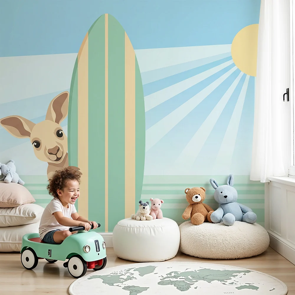 Kinderzimmer Tapete | Surfer Känguru unter der Sommersonne