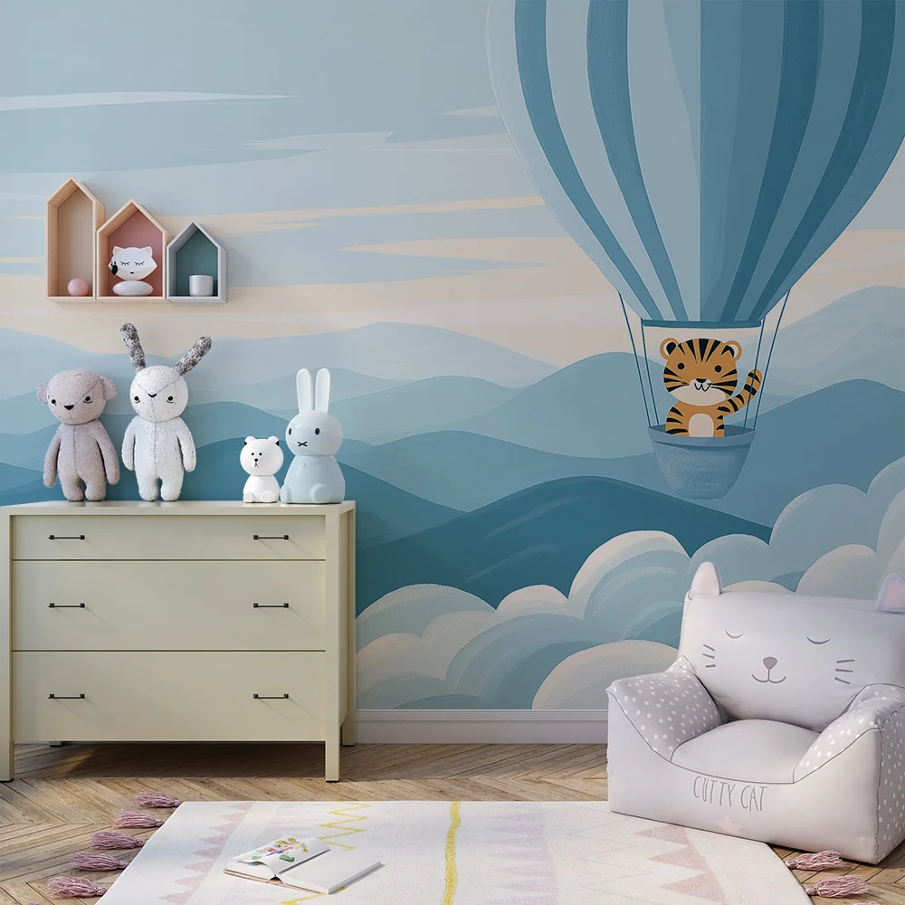 Kinderzimmer Tapete | Tiger einem Heißluftballon über Bergen und Wolken