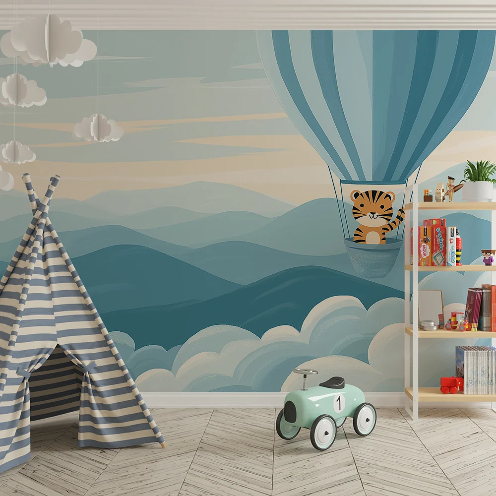 Kinderzimmer Tapete | Tiger einem Heißluftballon über Bergen und Wolken
