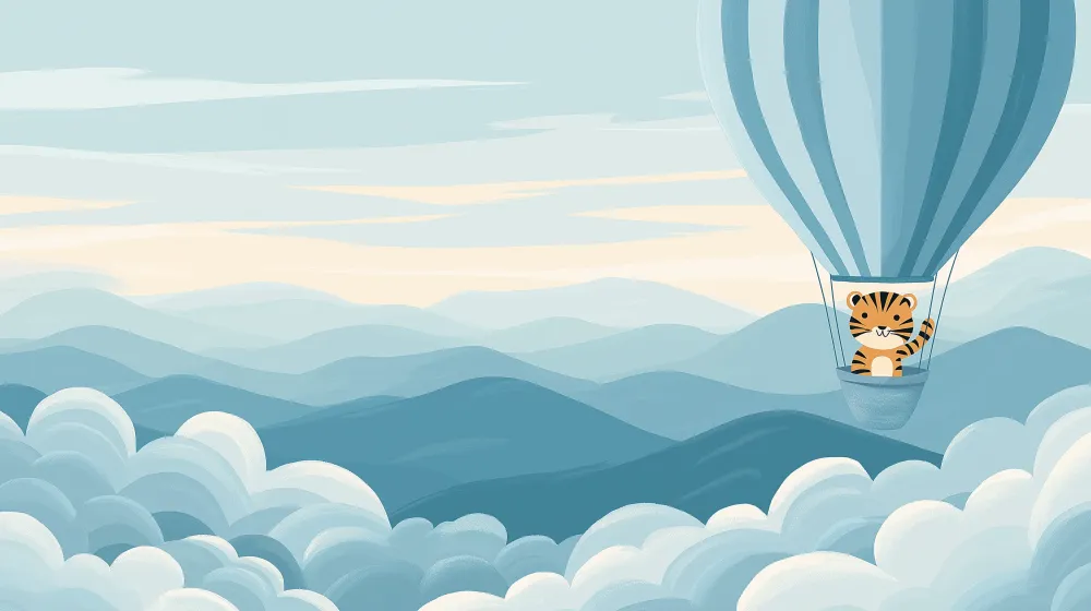 Kinderzimmer Tapete | Tiger einem Heißluftballon über Bergen und Wolken