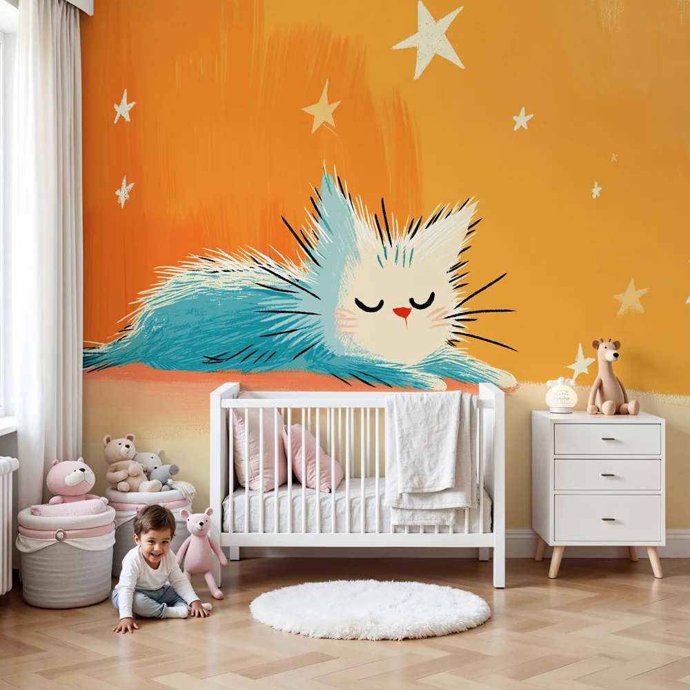 Kinderzimmer Tapete | Träumendes Kätzchen unter den Sternen