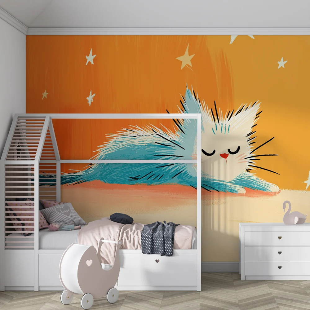 Kinderzimmer Tapete | Träumendes Kätzchen unter den Sternen