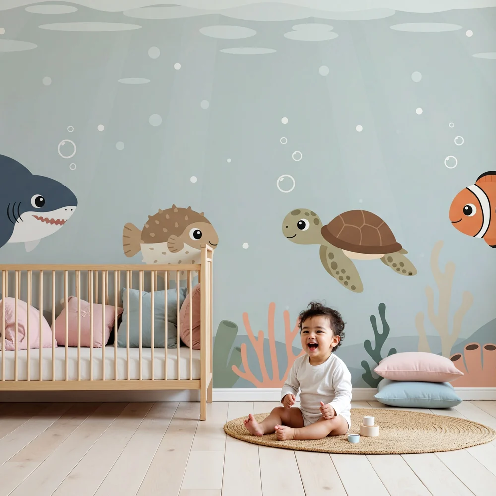 Kinderzimmer Tapete | Unterwasserwelt mit fröhlichen kleinen Tieren