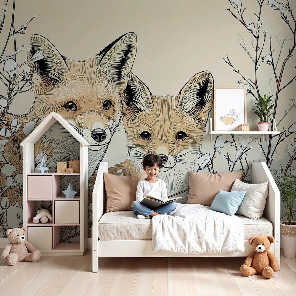 Kinderzimmer Tapete | Verspielte Füchse inmitten von Winterblumen