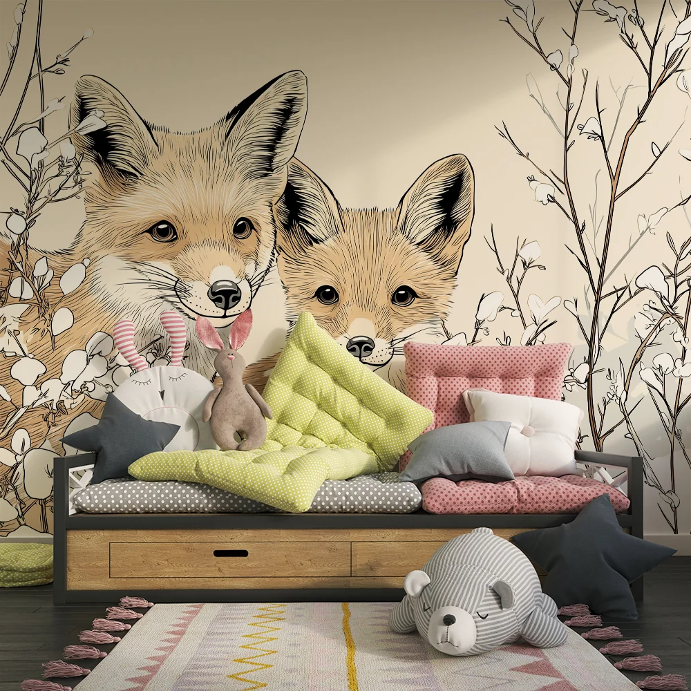 Kinderzimmer Tapete | Verspielte Füchse inmitten von Winterblumen