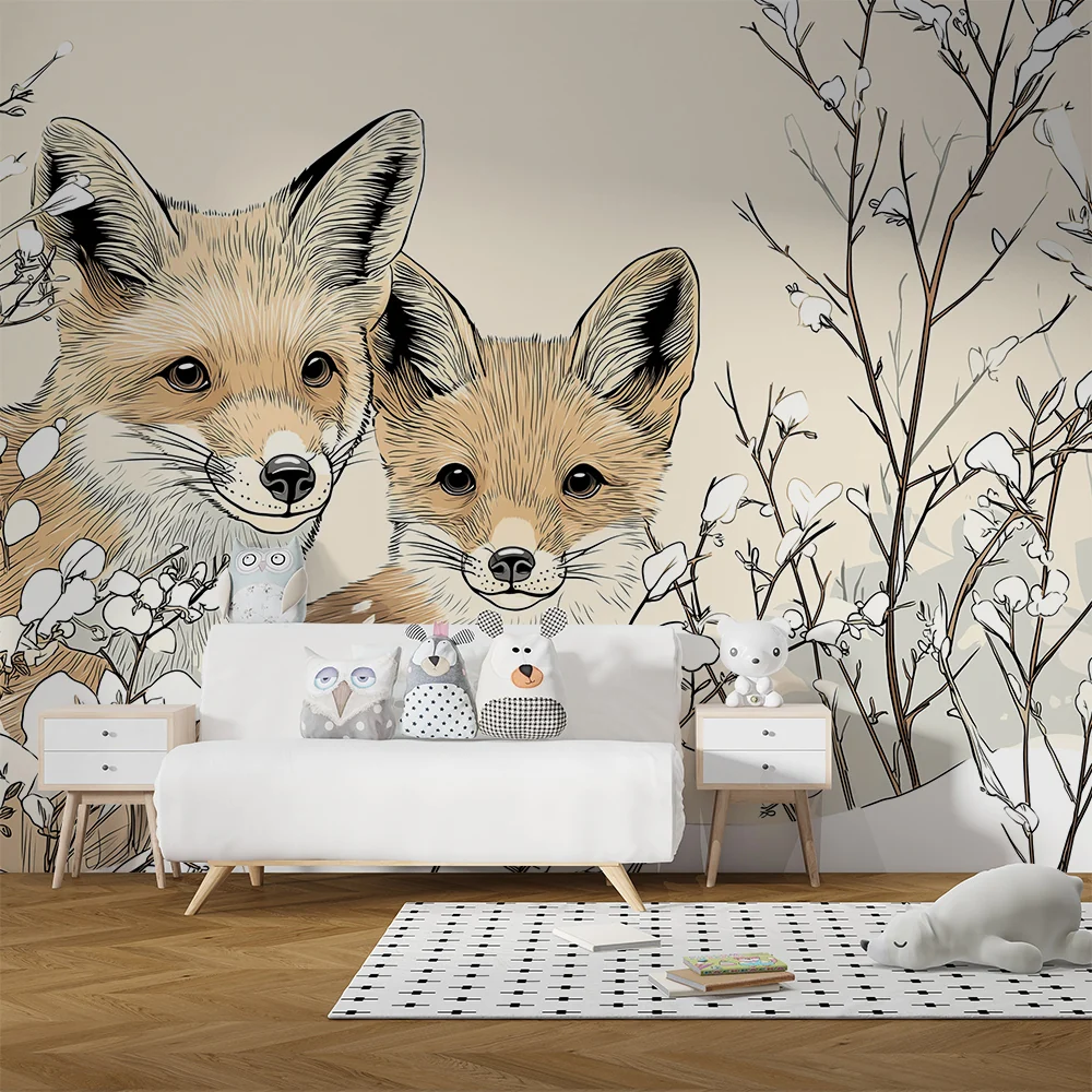 Kinderzimmer Tapete | Verspielte Füchse inmitten von Winterblumen
