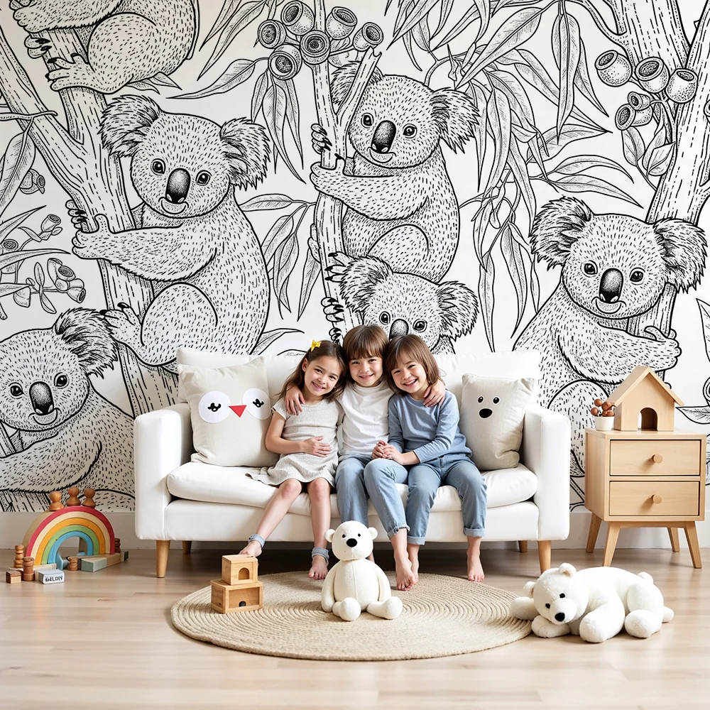 Kinderzimmer Tapete | Verspielte Koalas einem Eukalyptuswald