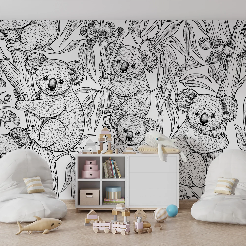 Kinderzimmer Tapete | Verspielte Koalas einem Eukalyptuswald