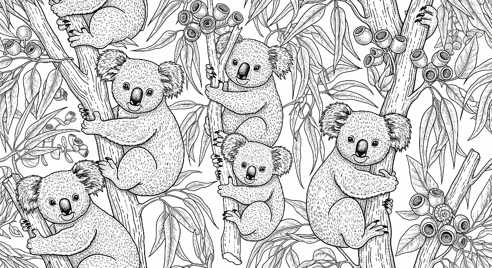 Kinderzimmer Tapete | Verspielte Koalas einem Eukalyptuswald