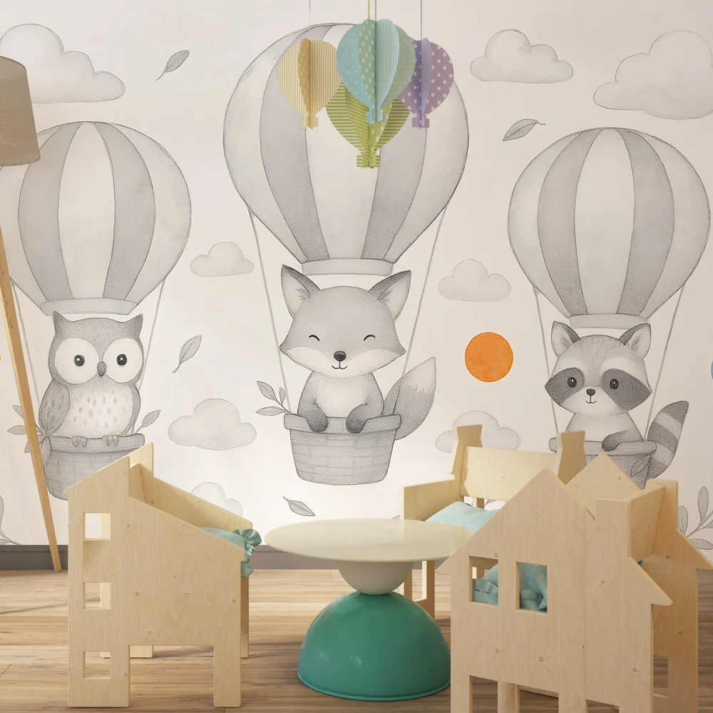 Kinderzimmer Tapete | Vögel im Heißluftballon und sanfter Himmel