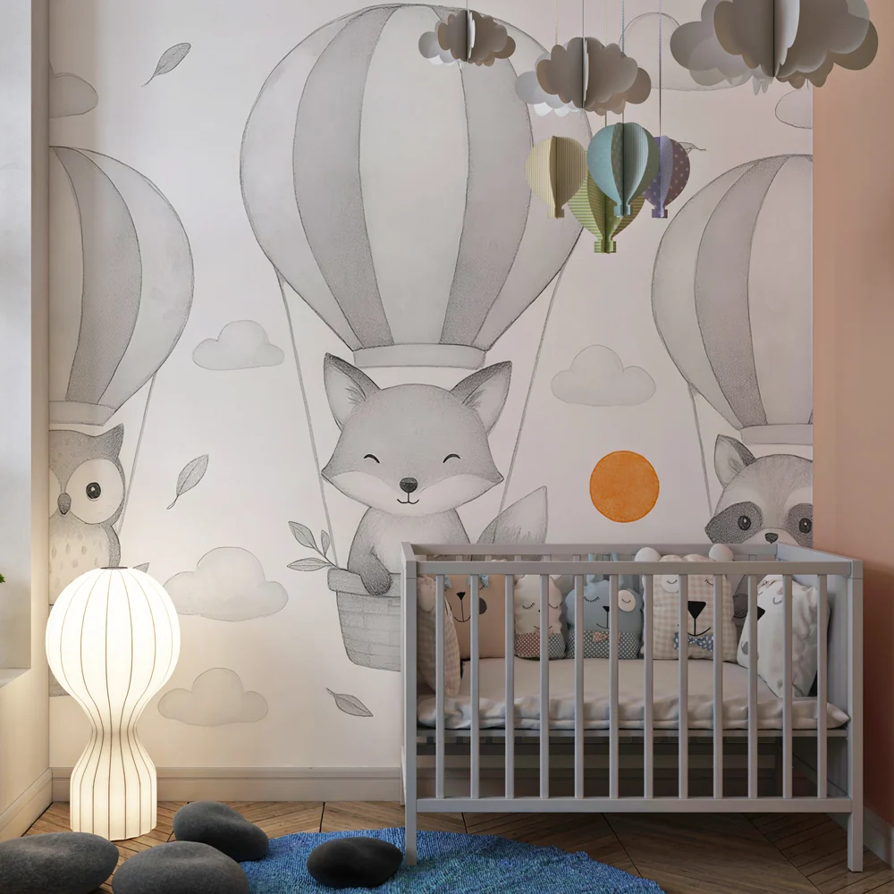 Kinderzimmer Tapete | Vögel im Heißluftballon und sanfter Himmel