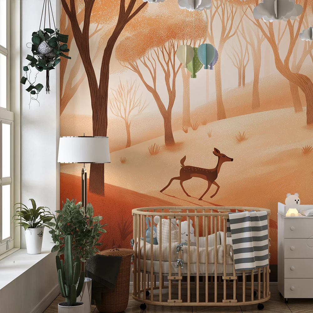 Kinderzimmer Tapete | Waldtiere mit einem jungen Hirsch einer herbstlichen Landschaft