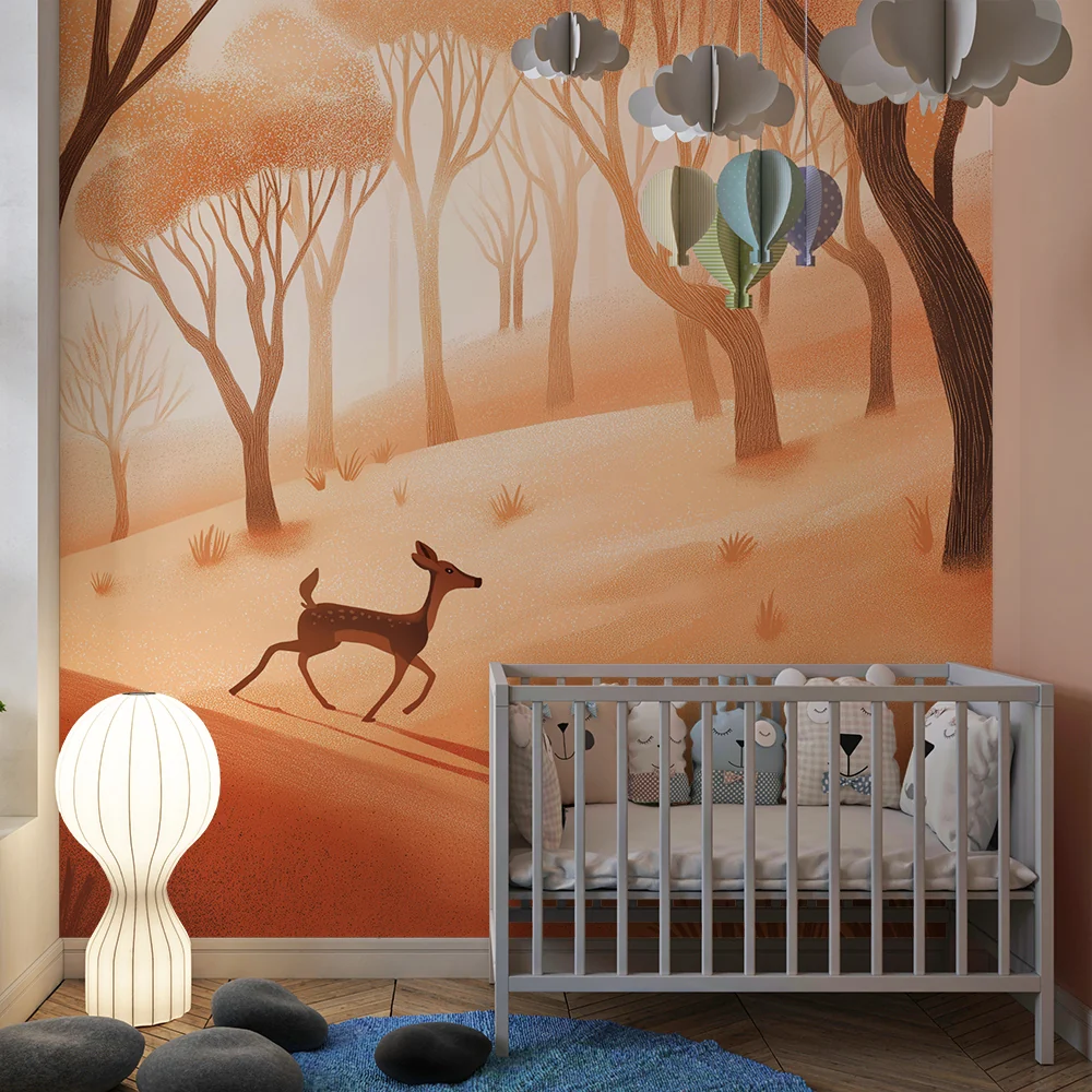 Kinderzimmer Tapete | Waldtiere mit einem jungen Hirsch einer herbstlichen Landschaft