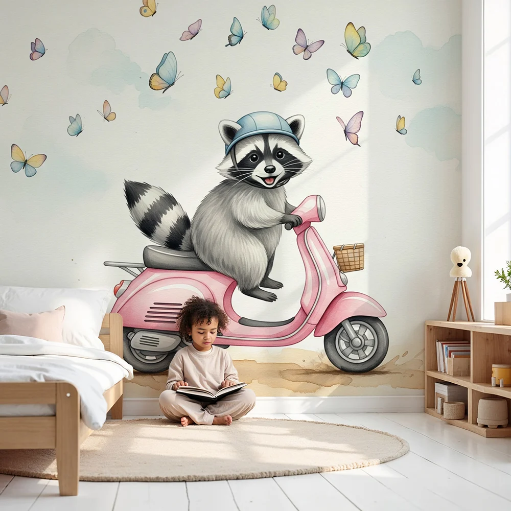Kinderzimmer Tapete | Waschbär auf Roller mit Schmetterlingen