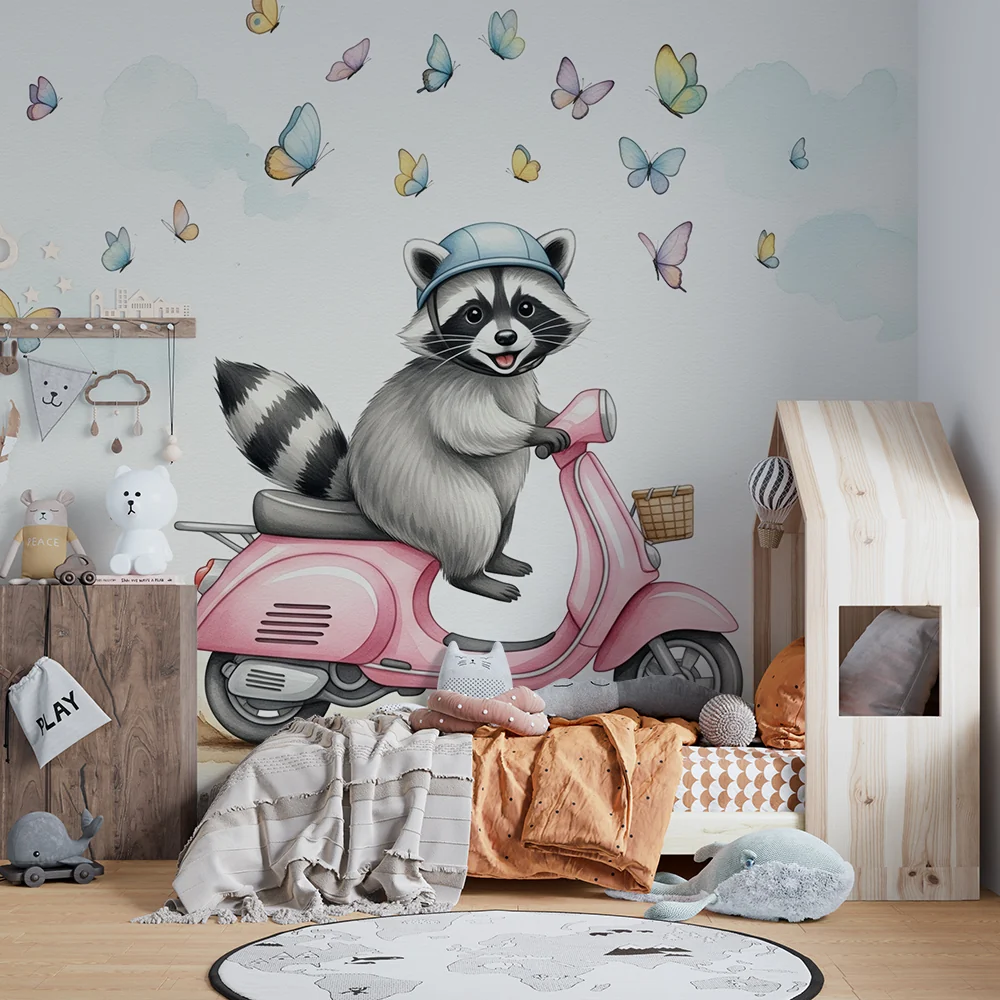 Kinderzimmer Tapete | Waschbär auf Roller mit Schmetterlingen