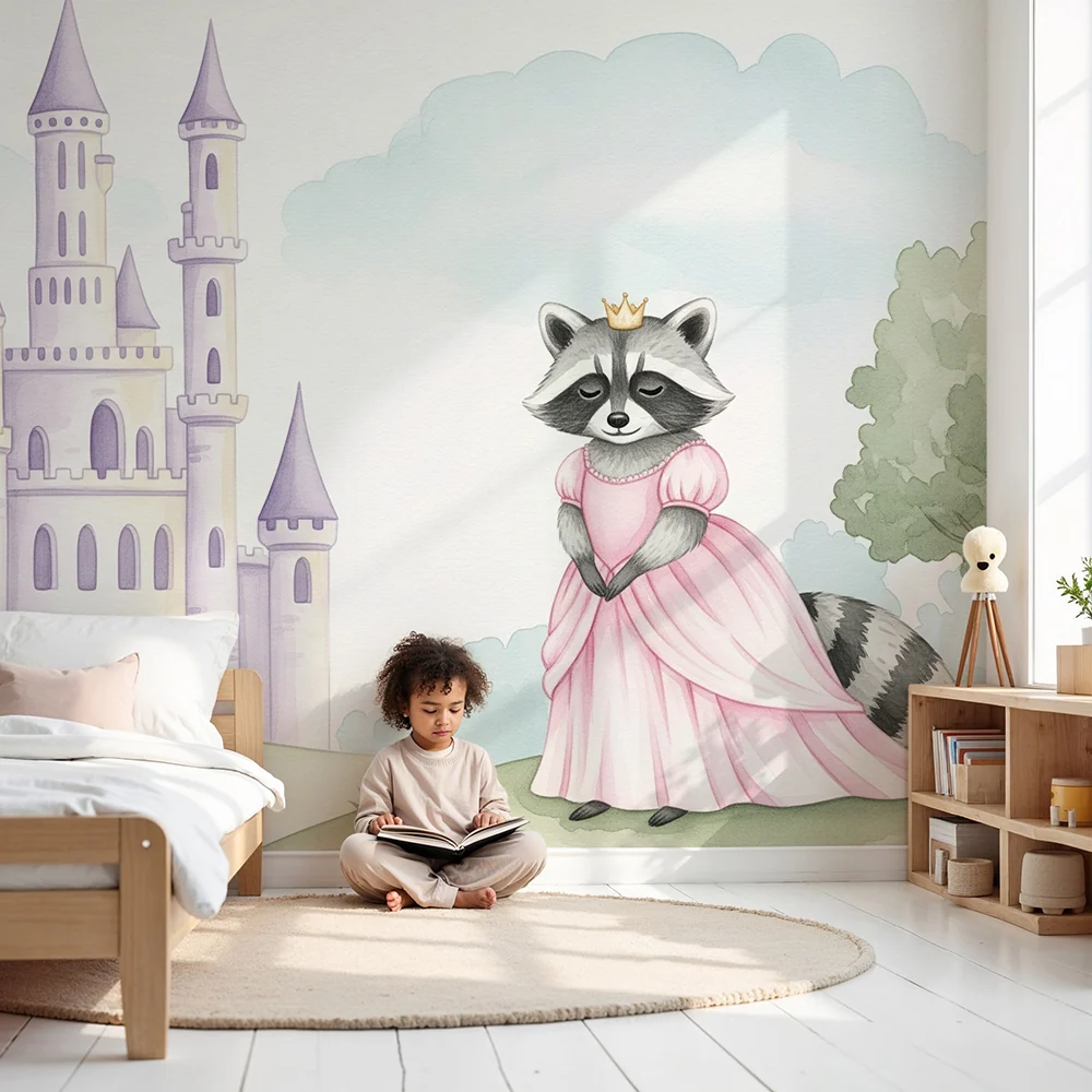 Kinderzimmer Tapete | Waschbärprinzessin und Feenschloss