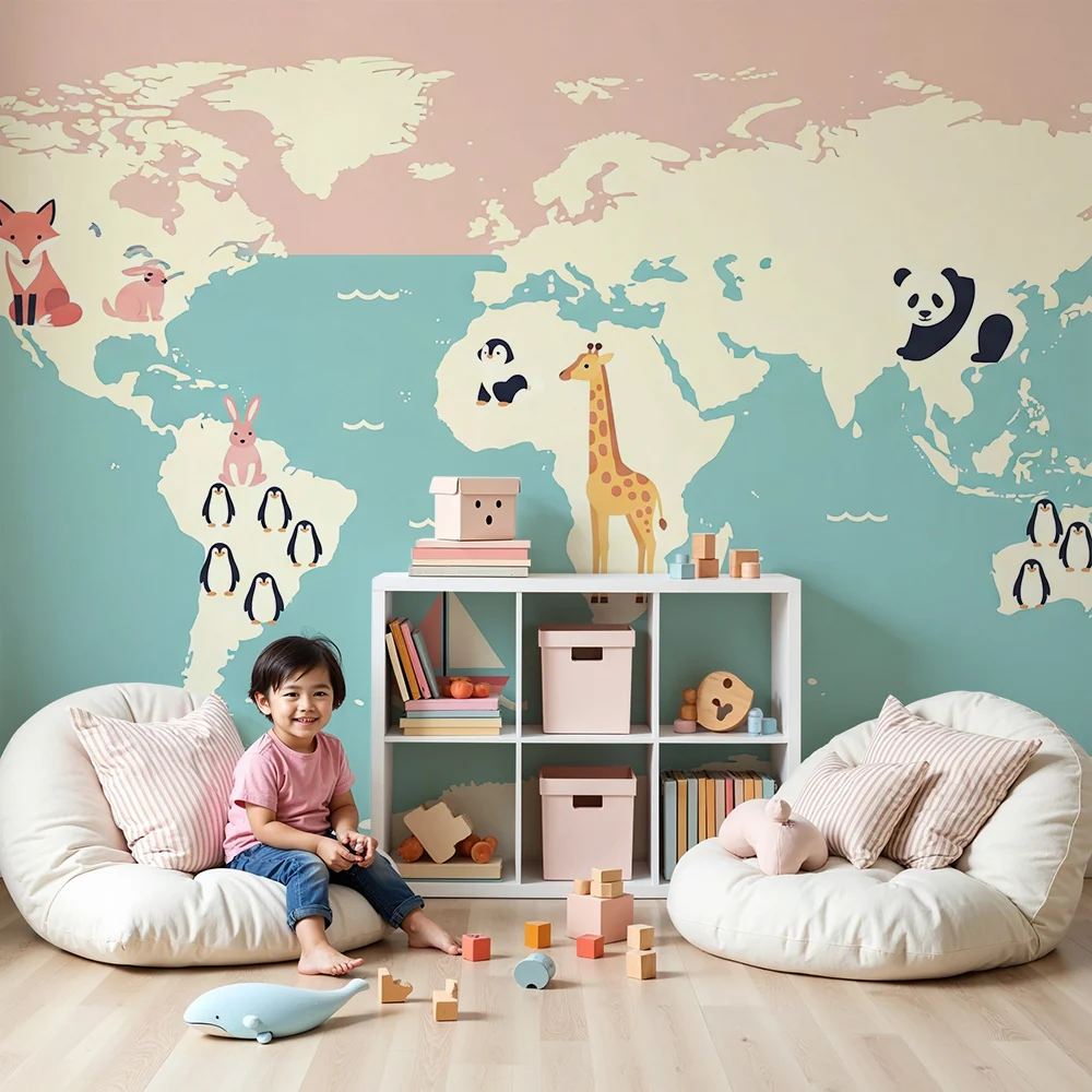 Kinderzimmer Tapete | Weltkarte mit niedlichen Tieren