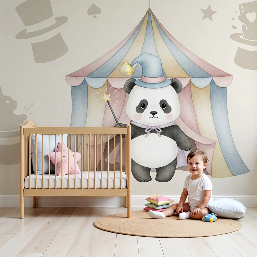 Kinderzimmer Tapete | Zaubernder Panda einem märchenhaften Zirkus