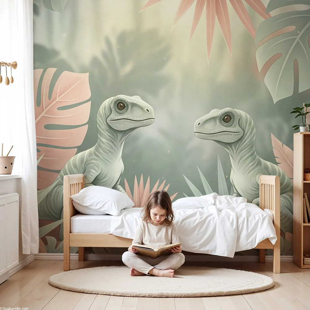 Kinderzimmer Tapete | Zwei kleine Dinosaurier einem bunten Dschungel