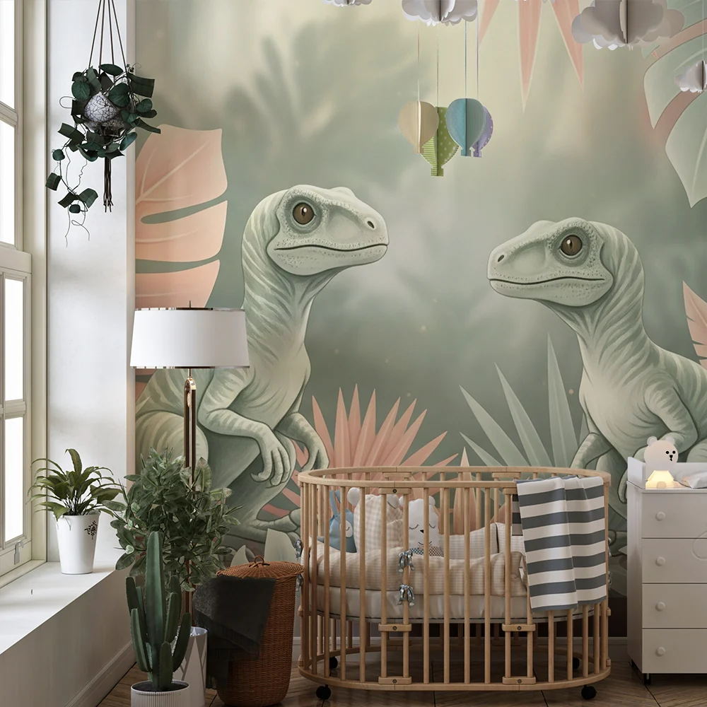 Kinderzimmer Tapete | Zwei kleine Dinosaurier einem bunten Dschungel