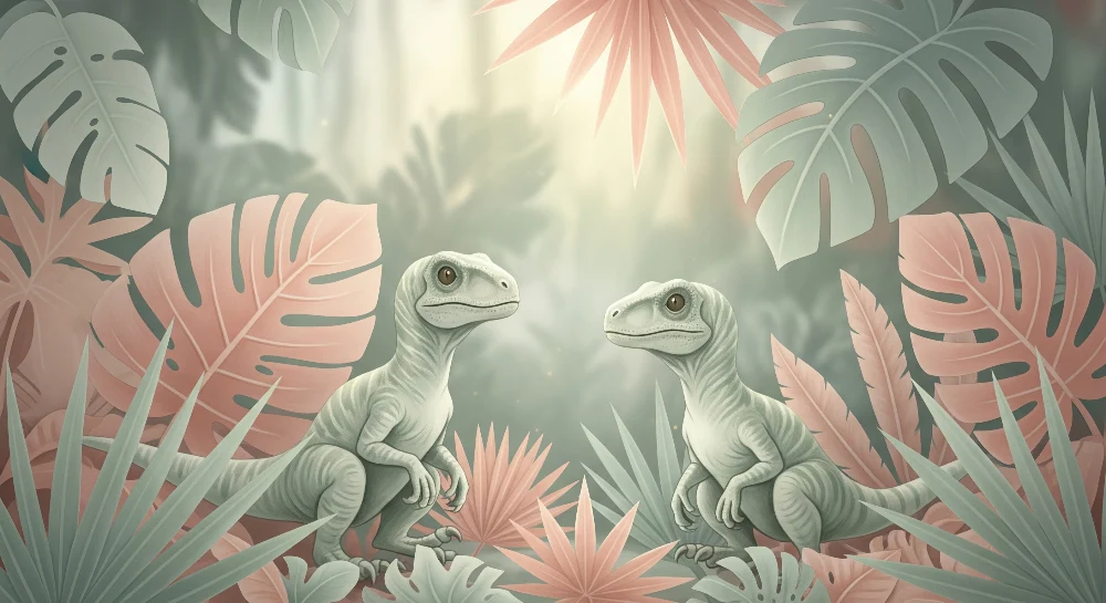 Kinderzimmer Tapete | Zwei kleine Dinosaurier einem bunten Dschungel