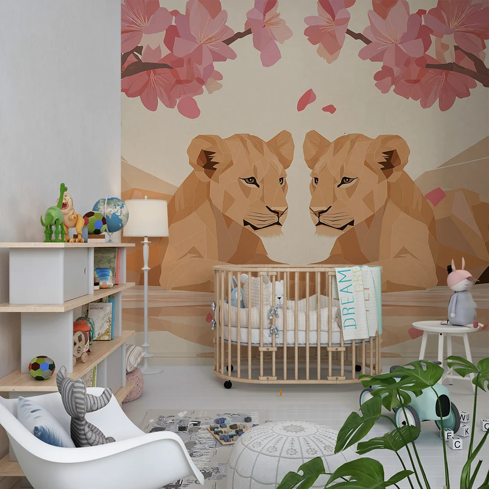 Kinderzimmer Tapete | Zwei majestätische Löwen unter blühenden Kirschbäumen